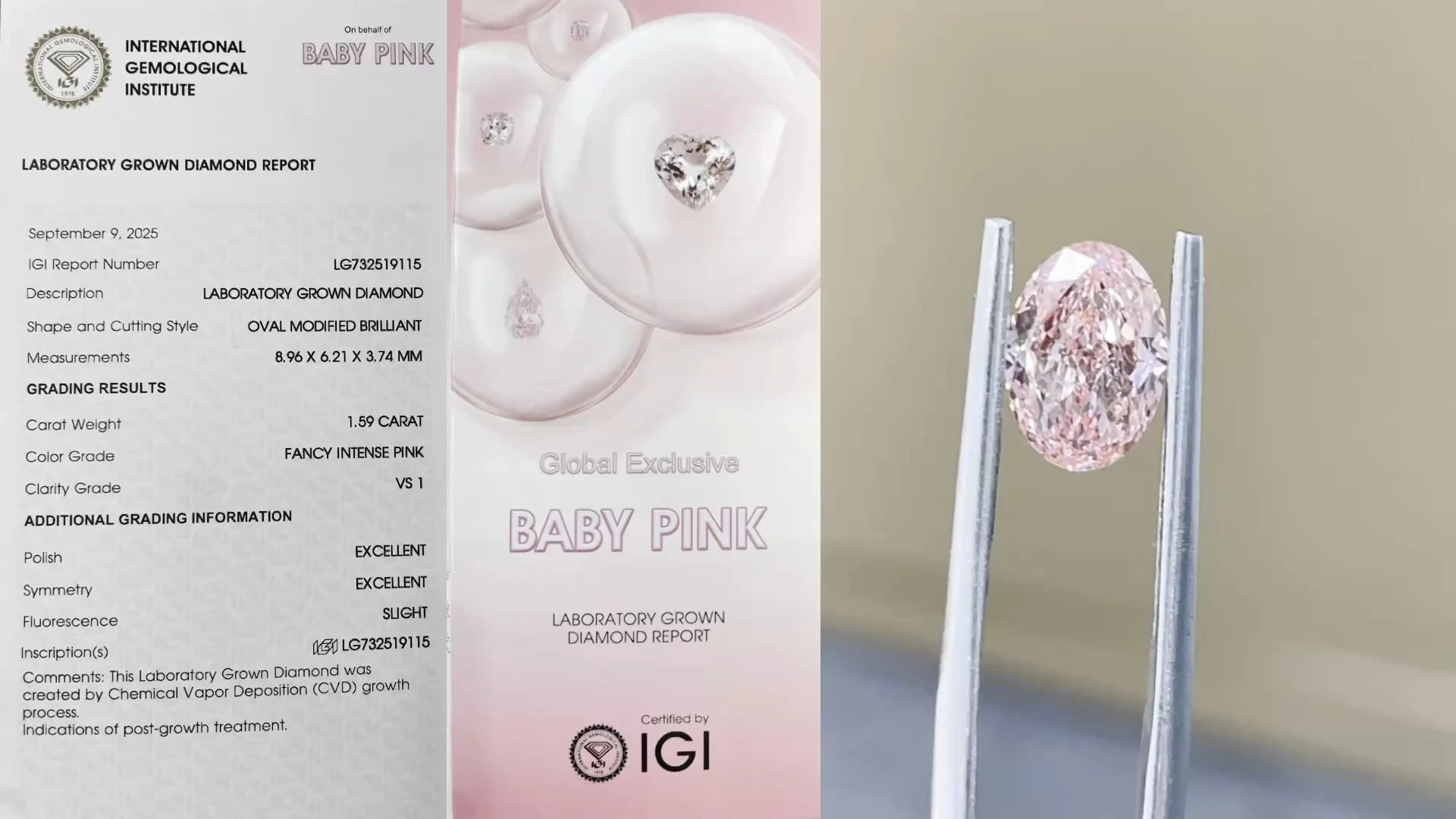 Excellent Brilliant Lab Grown Fancy Intense Pink Oval Cut VS1 Clarity Diamond 1.59ct 1