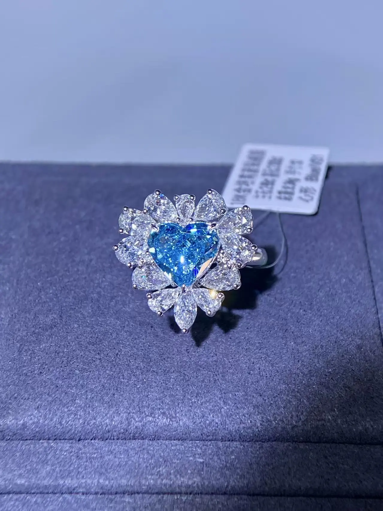 Luxurious 18K White Gold Fancy Intense Blue Lab Grown Excellent Heart Cut VS1 Clarity Diamond Engagement Ring 1