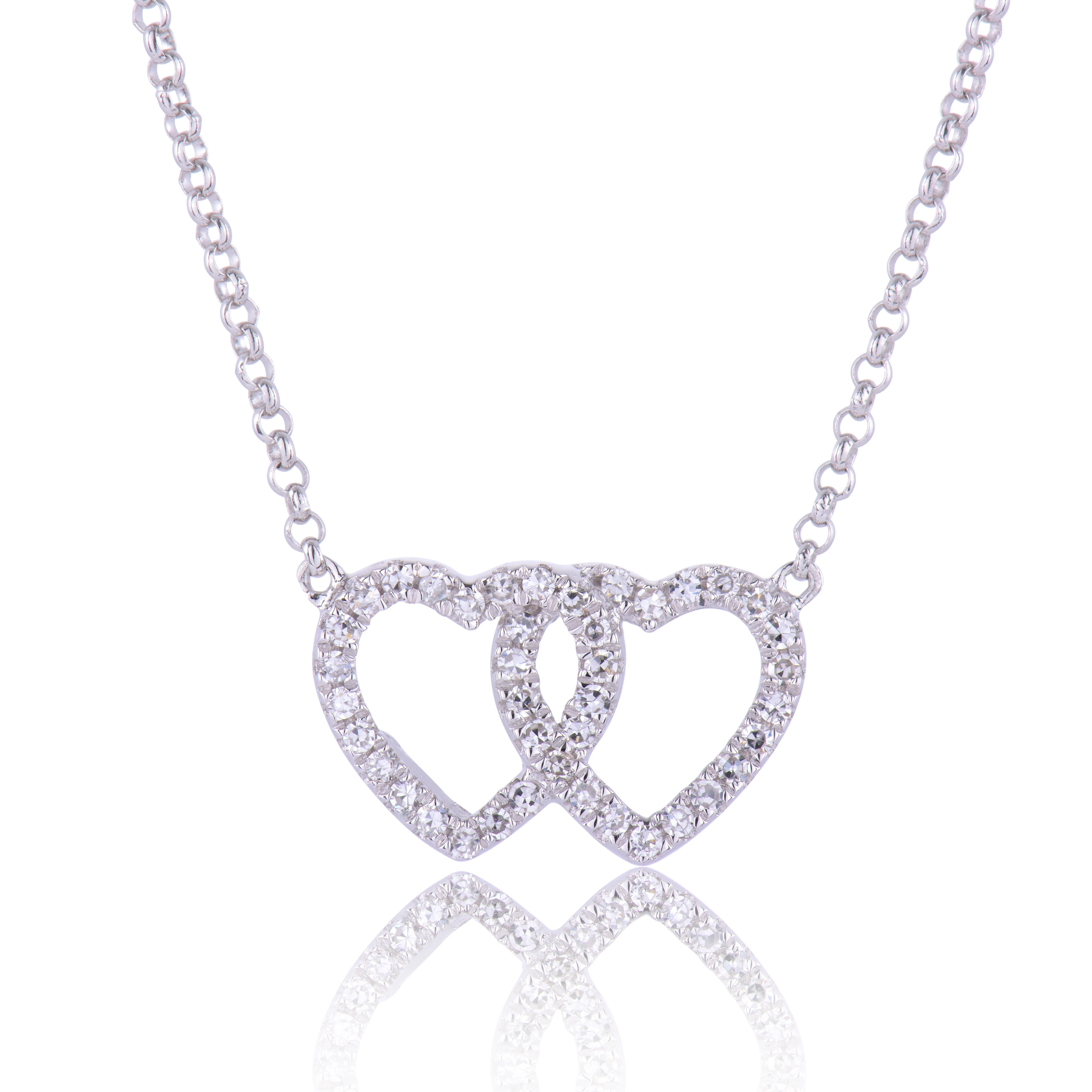 18ct White Gold Lab Grown Round Brilliant Cut Diamond Double Heart Necklace 1