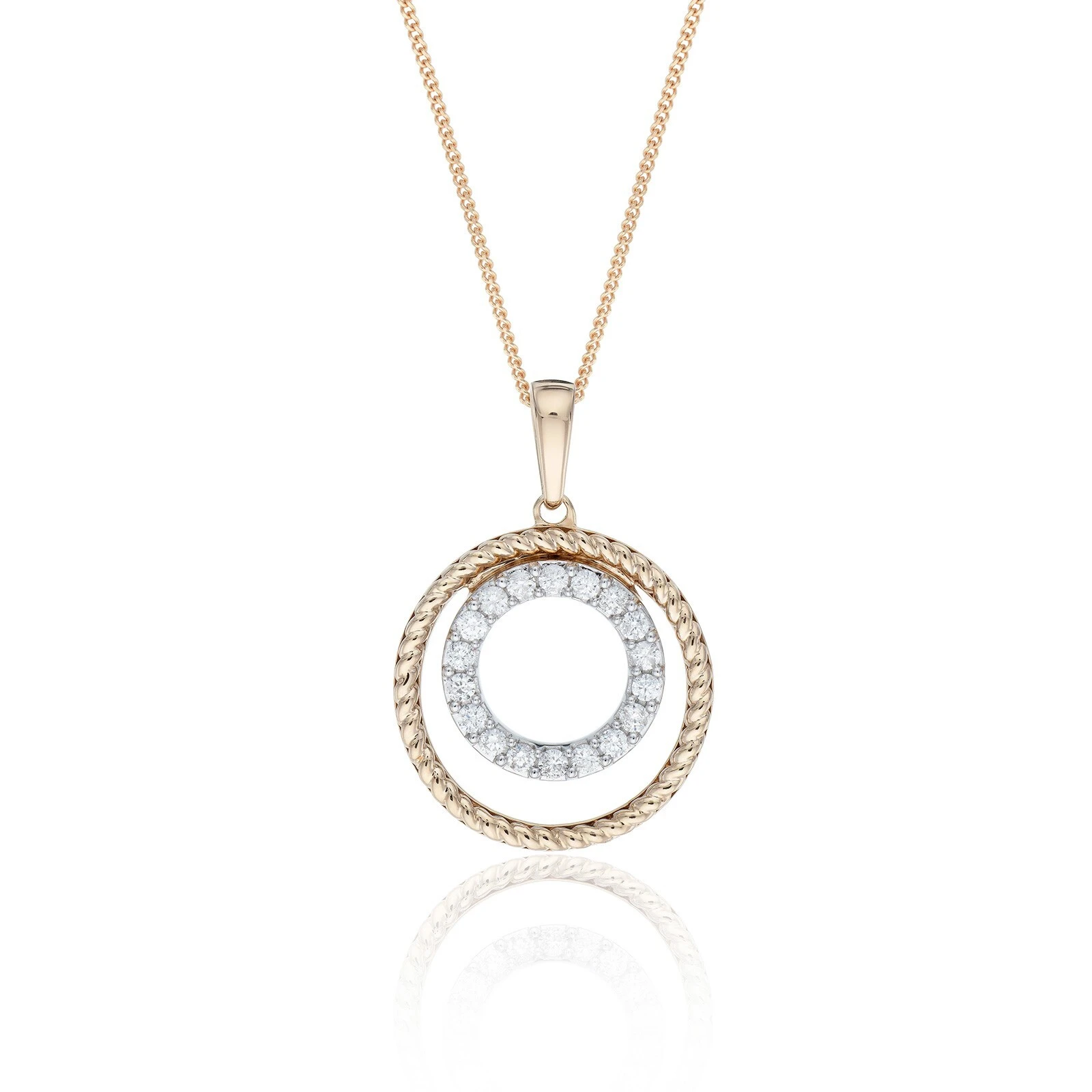 Colgante de oro amarillo de 18 quilates con diamantes redondos brillantes cultivados en laboratorio, doble círculo abierto, engastado en un colgante con doble racimo de diamantes. 1