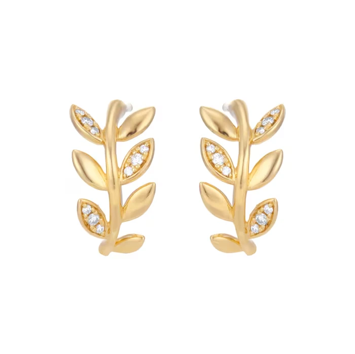 18ct Yellow Gold Lab Grown Round Brilliant Cut Diamond Leaf Hoop Earrings 1