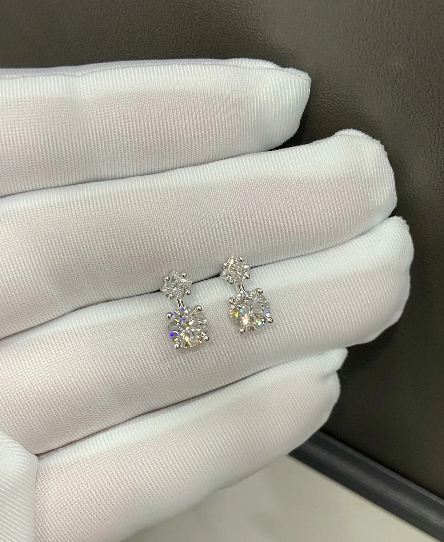 18K White Gold Round Brilliant & Princess Cut Lab Grown Diamond Earrings 1