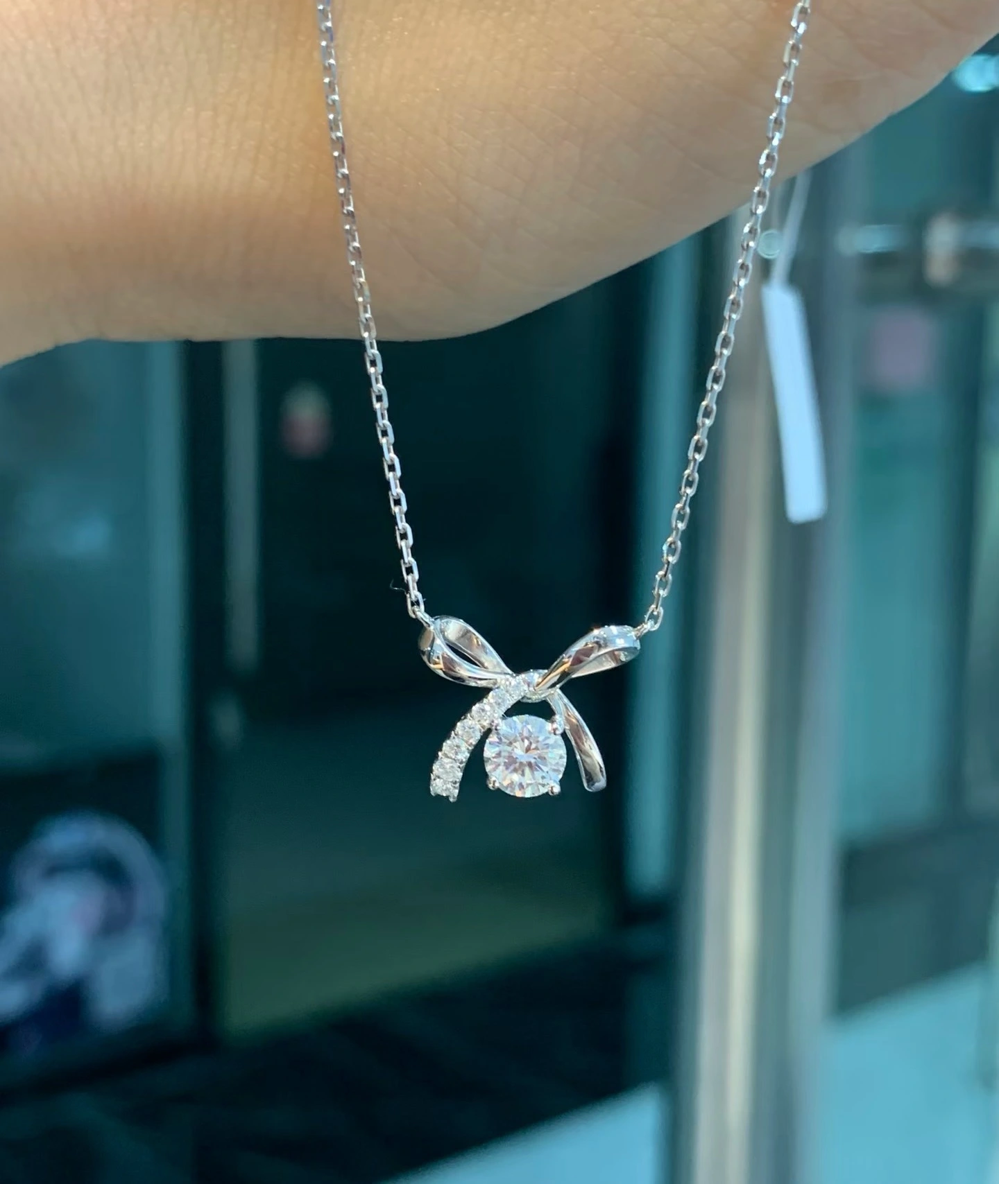 18K White Gold Round Brilliant Cut Lab-Grown Diamond Bow&Bell Necklace 1