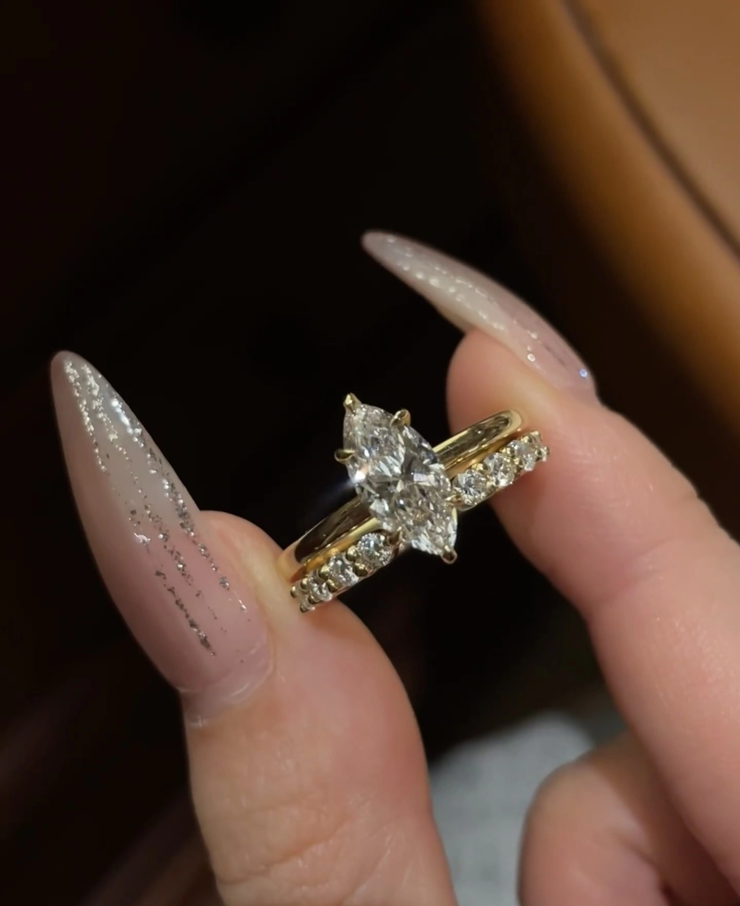 18K Lab Diamond 2ct Marquise 6-Claw Open-Style Engagement Ring Set IGI certification 1