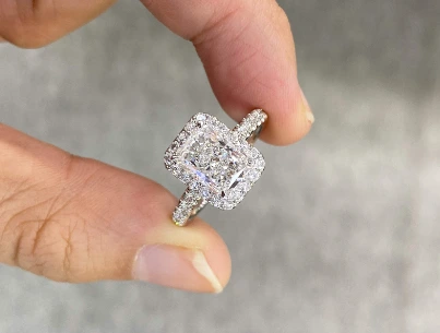 1.63 CT Radiant Cut Halo Engagement Ring, 18K White Gold Ring Half Eternity Ring Proposal Ring Gift For Her 1