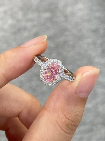 1.32 Ct Oval Cut Sakura Pink Lab Grown Diamond Ring in 18K White Gold Halo Engagement Ring 1