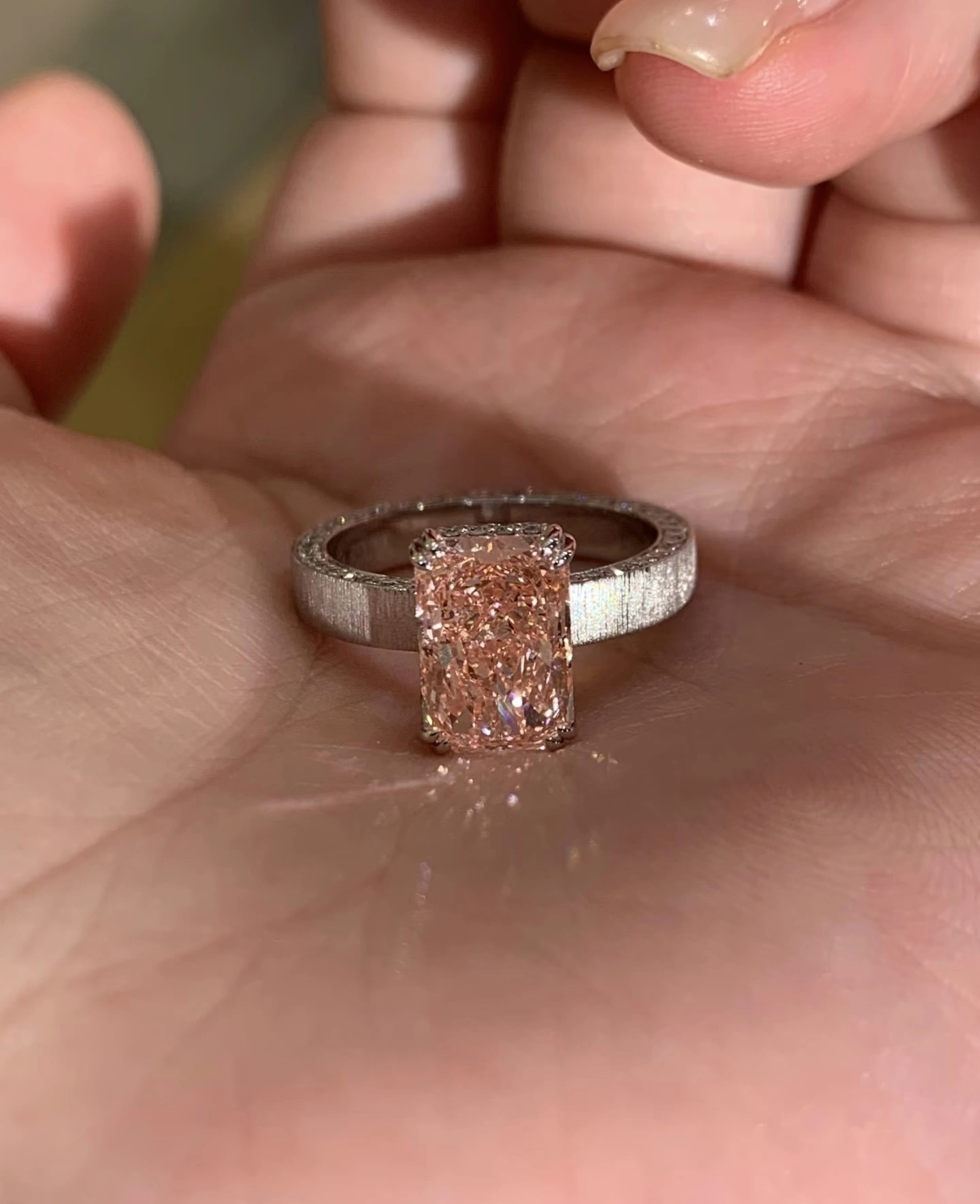 Brushed Finish 18K White Gold Ring | Featuring a Pink Radiant Lab Diamond and Full Pavé Side Setting 1