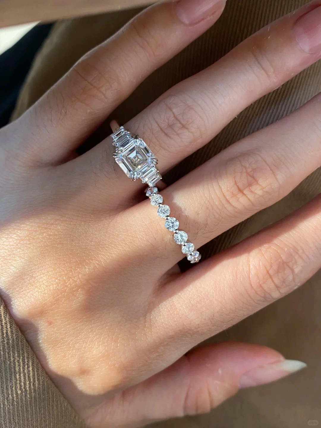 18K White Gold Emerald Cut Lab-Grown Diamond Double Layer Set, Baguette Pave Stones Ideal for Stacking Special Occasions 1