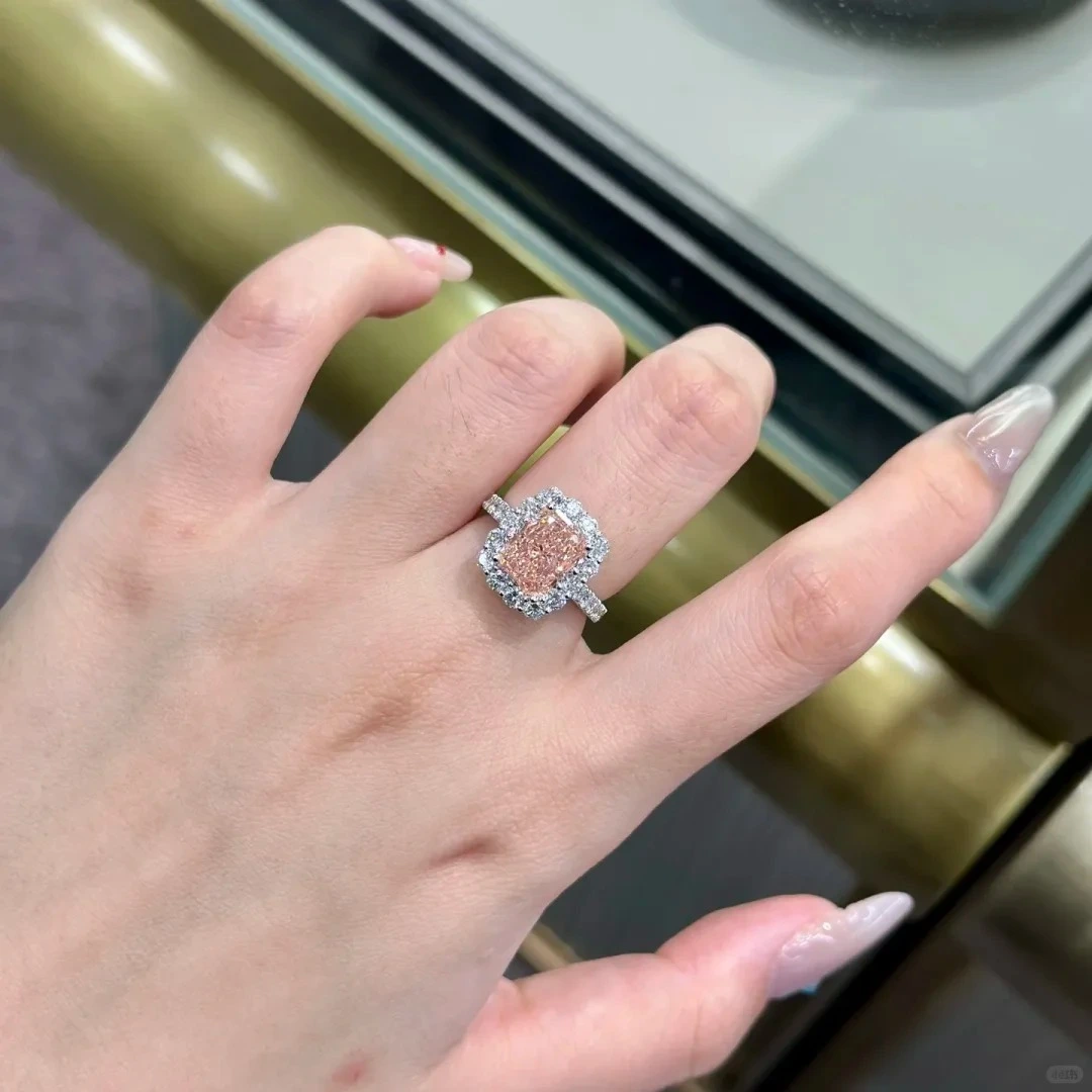 18K White Gold Lab-Grown Fancy Intense Pink Radiant-Cut Double Halo Diamond Ring 1