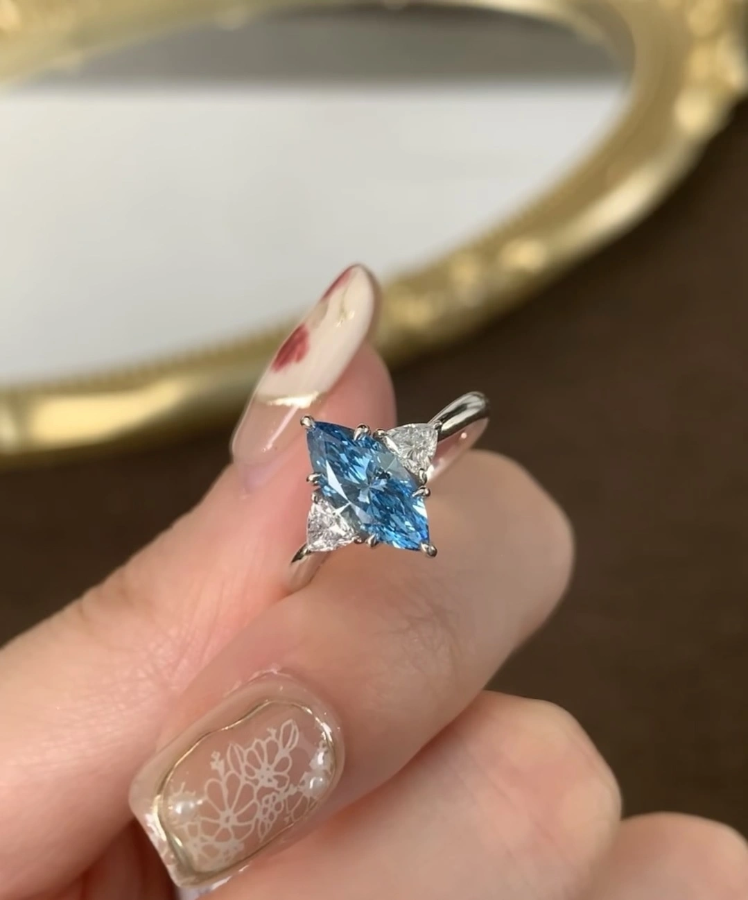 18K Custom Lab Diamond Ring 1.5ct Fancy vivid Blue Marquise Classic Three-Stone Engagement Ring 1