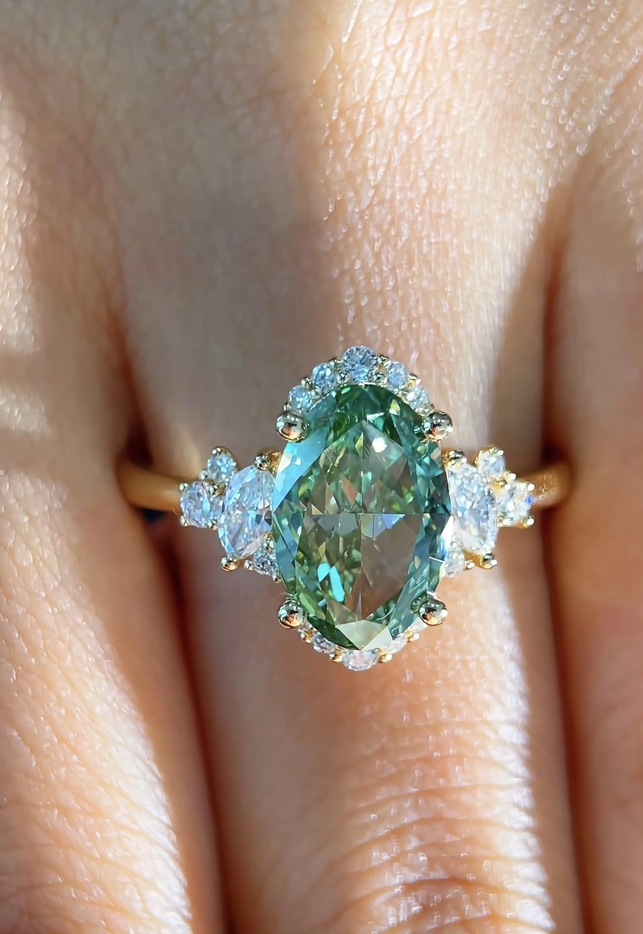 Lab Grown Oval Green Diamond Halo Ring with Side Accents in 18K Gold – May Birthstone Engagement or Statement Ring 1