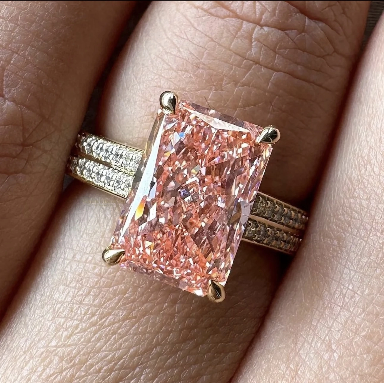 18K Yellow Gold Radiant Pink Lab - Grown Diamond Ring – Four - Prong Setting, Diamond - Accented Band 1