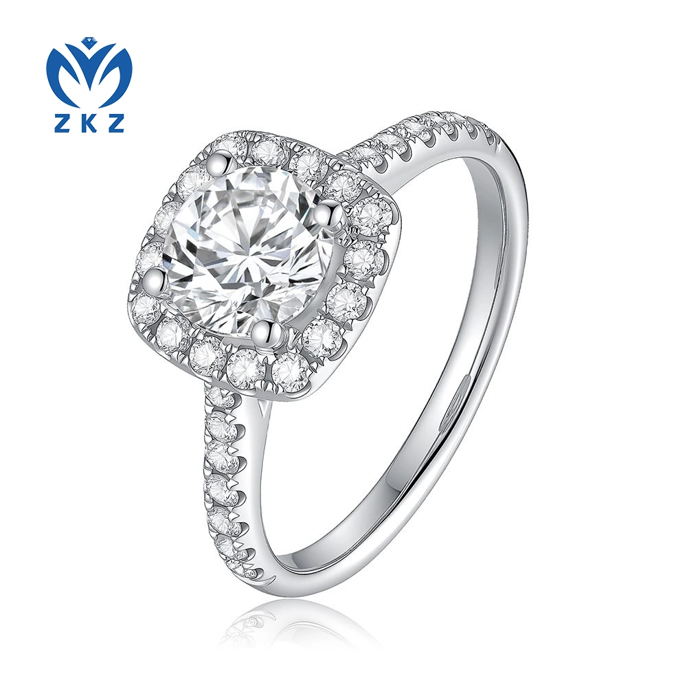 White Gold Lab-Grown Diamond Ring Square-Shape Halo Setting DEF VVS Round-Cut Main Stone 1.009ct Size US 7.25 ZKL-35 1