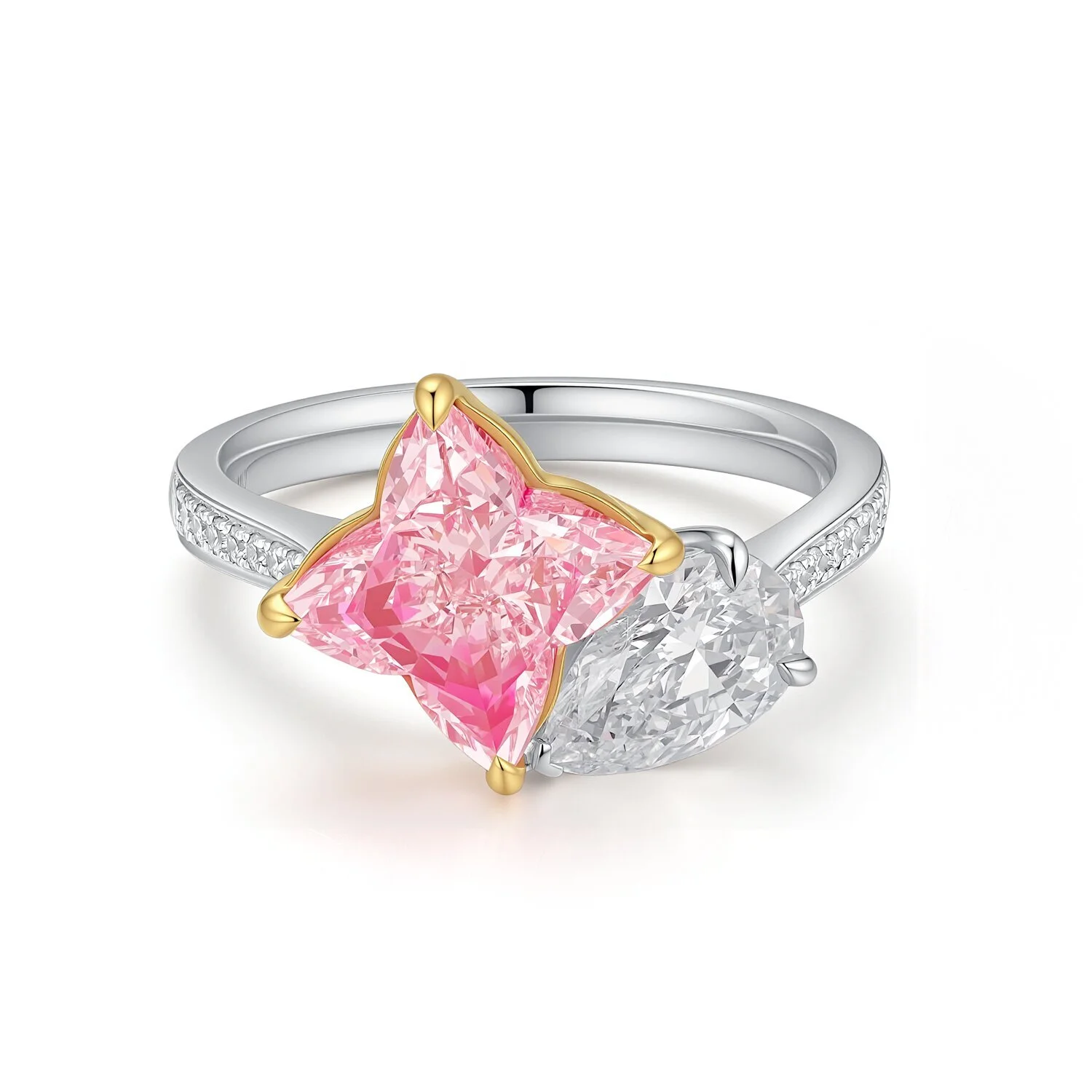 2.7ct and 0.922ct VVS2 18K rose gold four-leaf clover-shaped white diamond double-stone lab-grown diamond ring in US size 6.75,  Z001F80 1