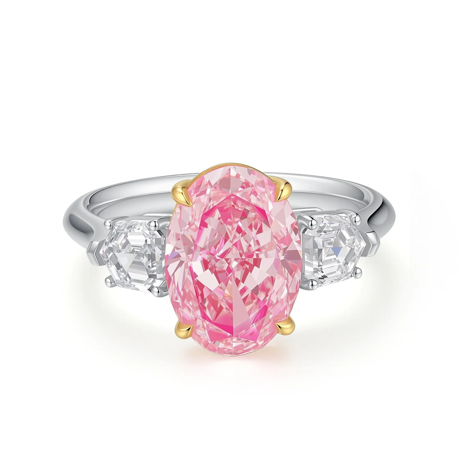 18K white gold VVS2 3.82ct laboratory-grown diamond oval-cut fancy vivid pink diamond three-stone style Asche side-stone engagement ring US 6.25 Z001F96 1