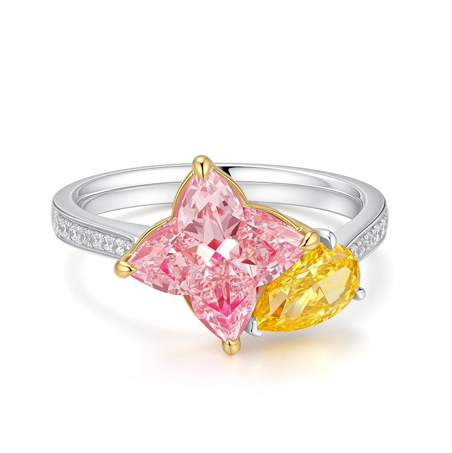 Lab-grown diamond four-leaf clover fancy vivid blue diamond pear-shaped double-color double-stone ring 18K white gold VVS2 2.87/0.81ct, US 6.75 Z001F97 1