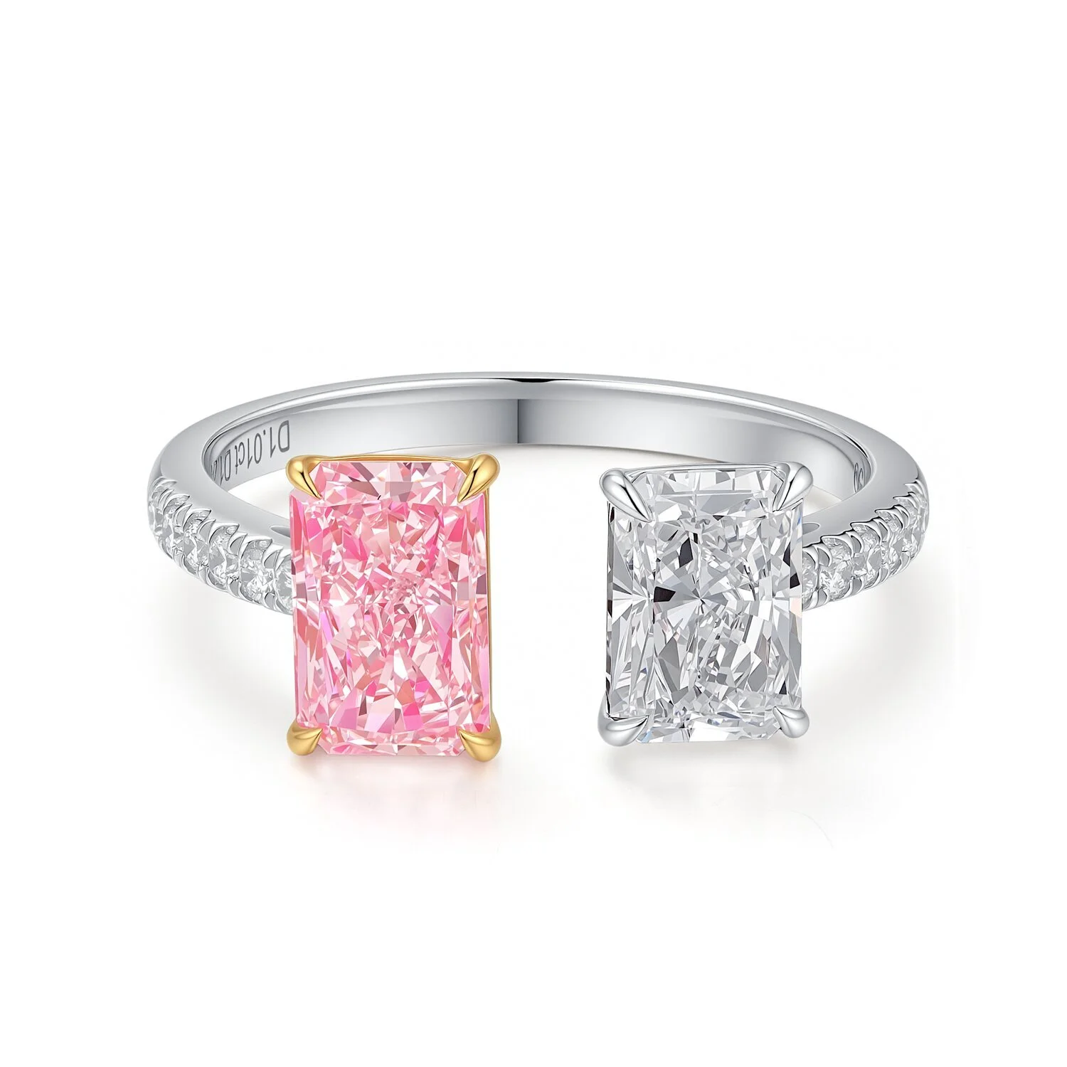 VS2 1.24/1.015ct, laboratory-grown diamond Radien pink diamond white diamond open double-stone set finger ring in 18K rose gold, US size 6.25, Z001F107 1