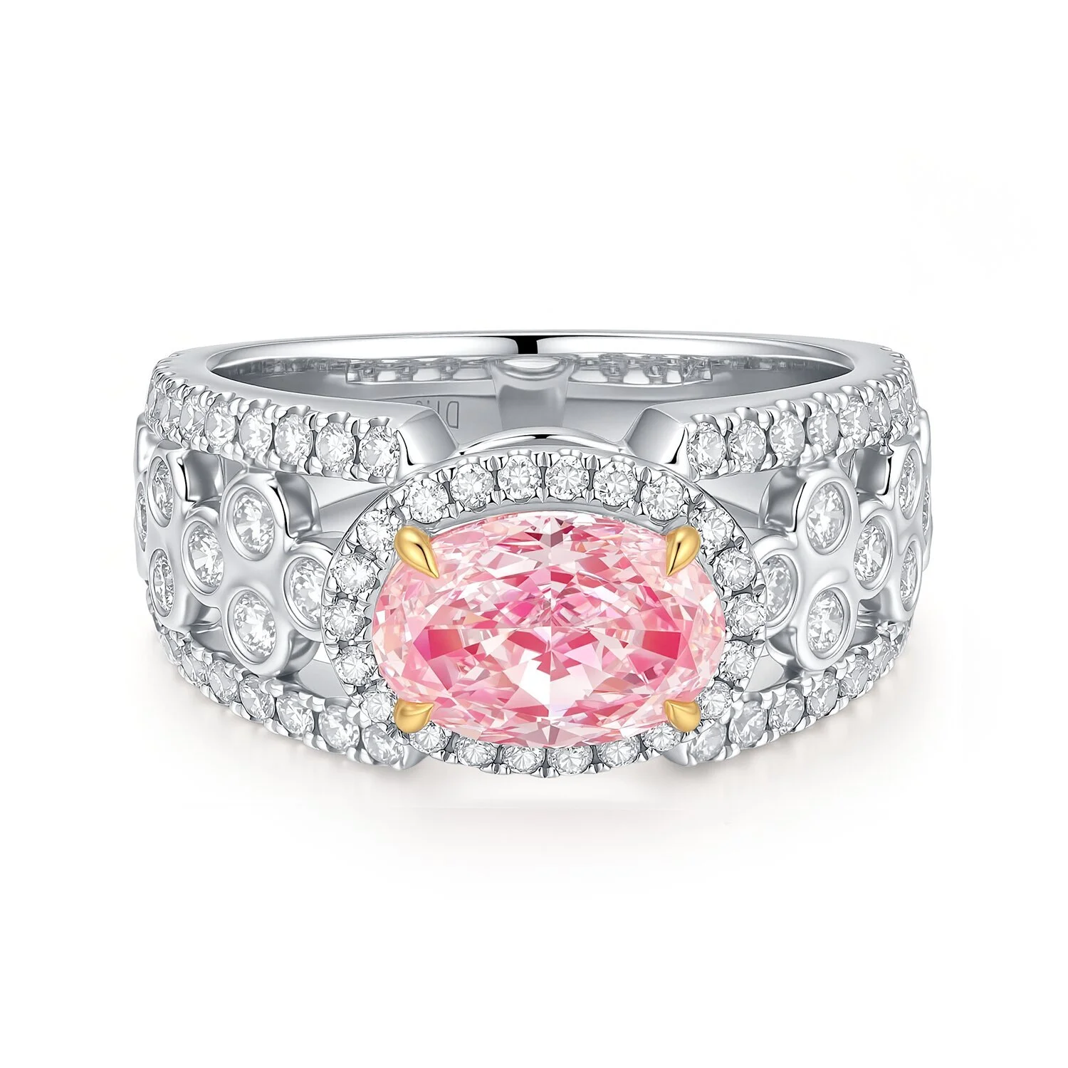 VS1 1.9-ct 18K rose gold oval-shaped synthetic diamond double-row close-set secondary diamond prong-set ring, US size 6, Z001F130 1