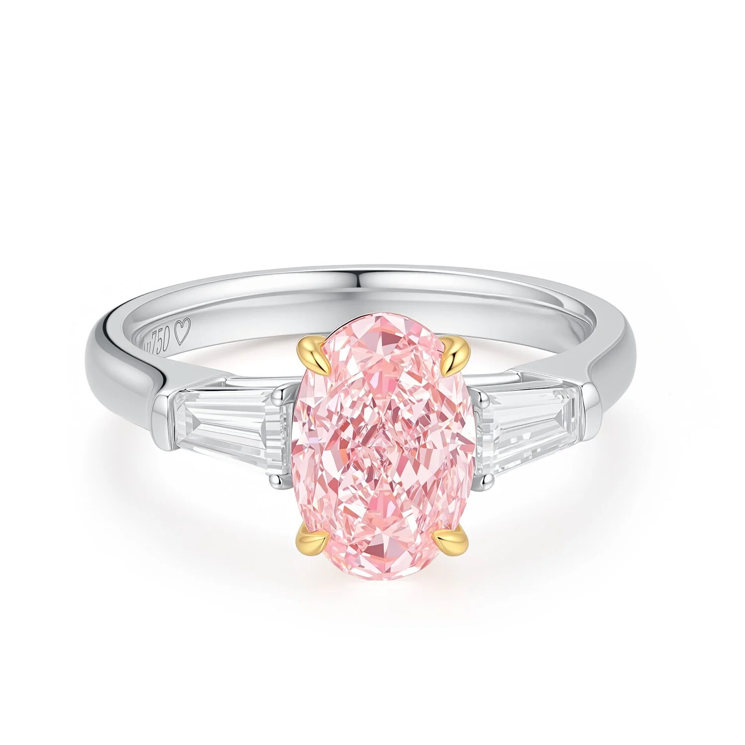 Three Stones Oval Faceted Diamond Cultured Engagement Ring in 18K White Gold with Graduated Square Side Diamonds Set in Single Row, VS1, 2.18 Ct, US 6.25, ZKCZ024 1