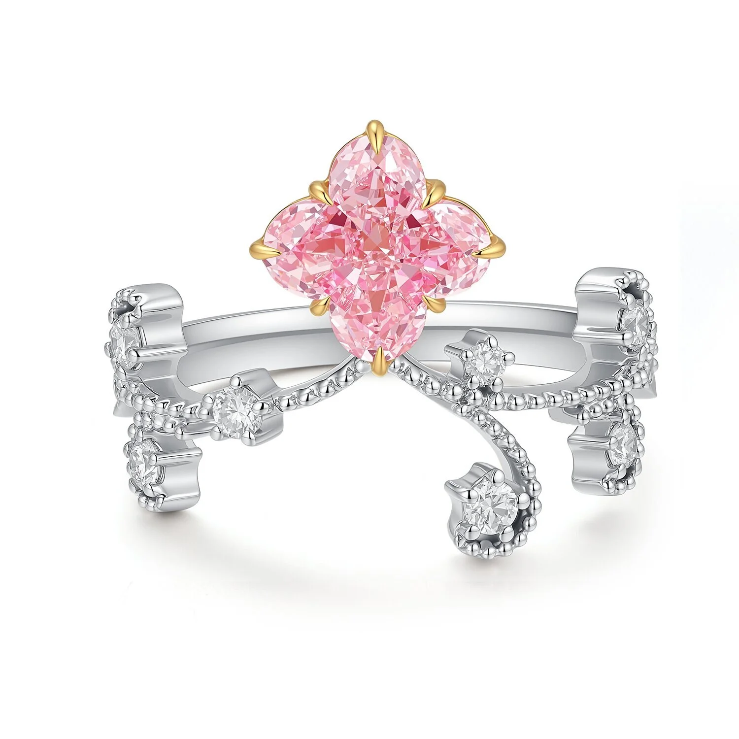 18K rose gold 1.64ct VS1 cultivated diamond four-leaf clover pink diamond open ring paired with scroll-patterned full-diamond ring arm US 6 ZKCZ090 1
