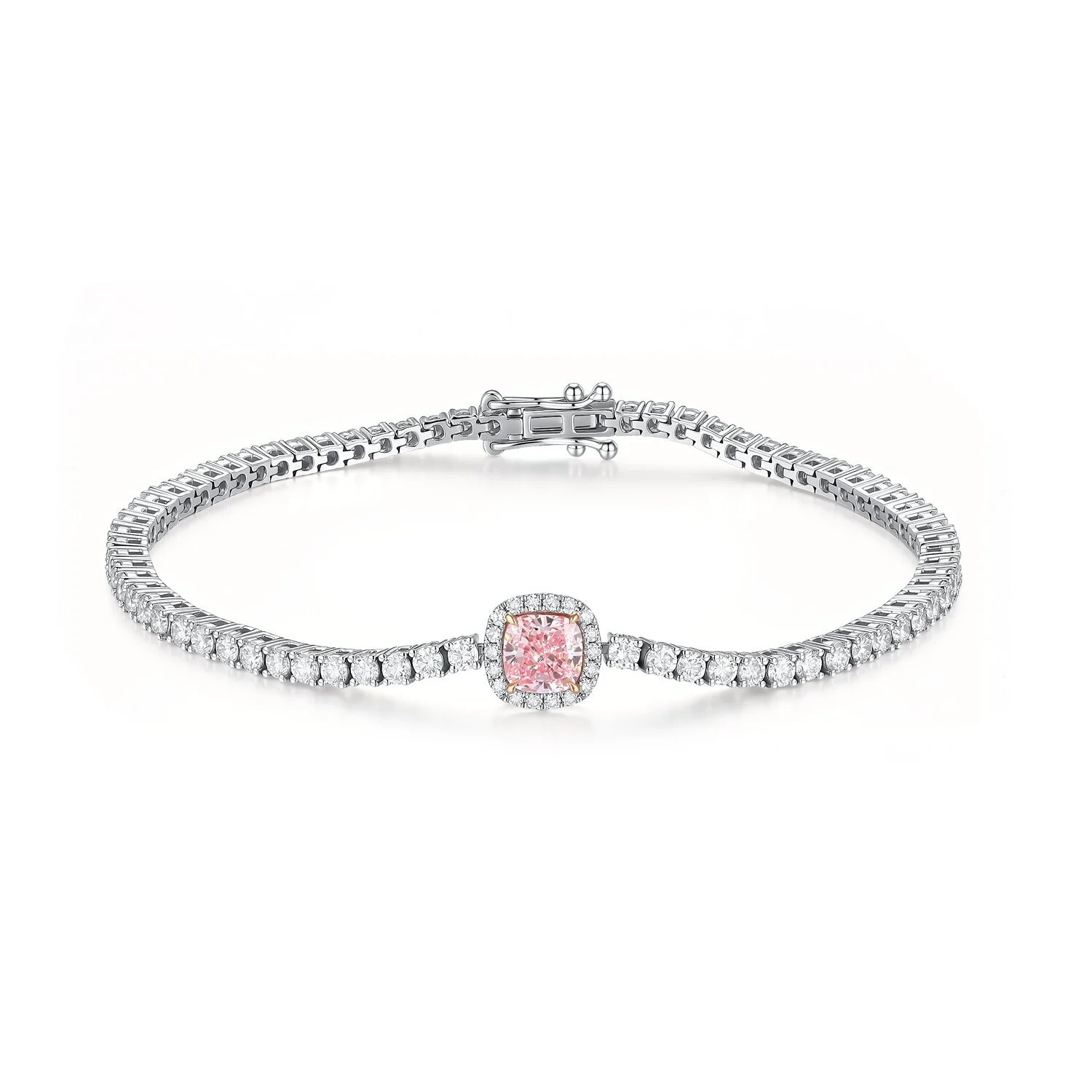 0.75 carat VS 18K white laboratory-grown diamond cushion-shaped fancy vivid pink diamond set in a diamond-encrusted classic bracelet ZKCZ240 1