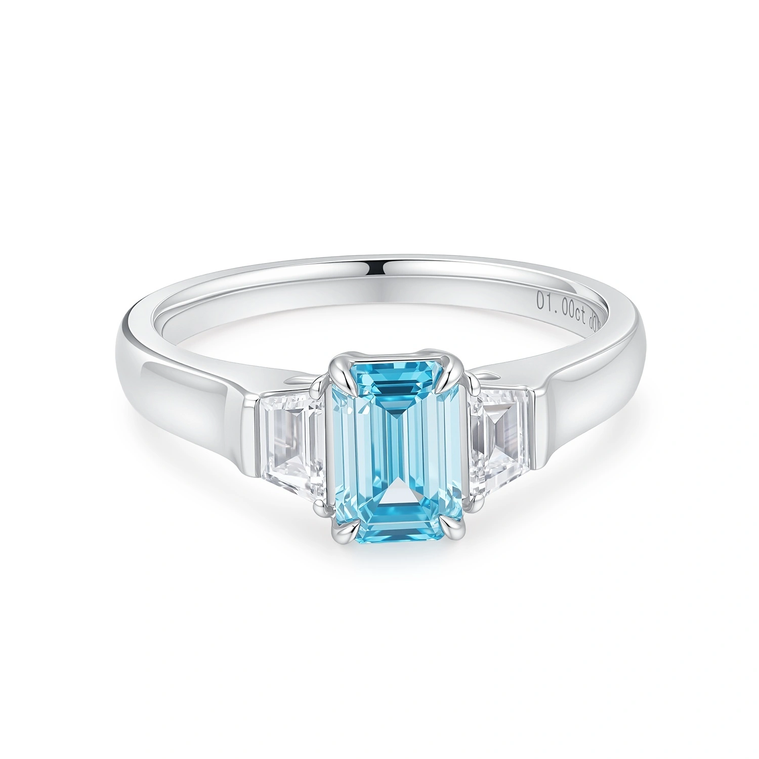Emerald-Cut Fancy Intense Greenish Blue SI1 Clarity Lab-Grown Diamond Set In White Gold Ring Main Stone:1ct Size US 6.75 P001L39 1