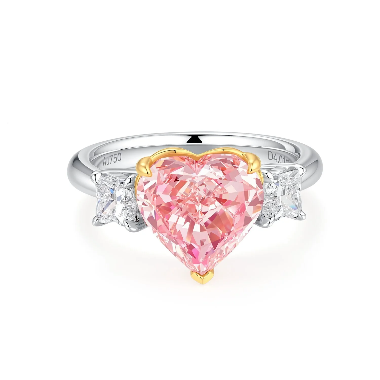 خاتم خطوبة كلاسيكي من الذهب الأبيض/الوردي عيار 18 قيراطًا، مرصع بحجر وردي على شكل قلب بوزن 4.01 قيراط، بثلاثة أحجار، نقاء VS1، مقاس US7، رقم الموديل S001F88 1