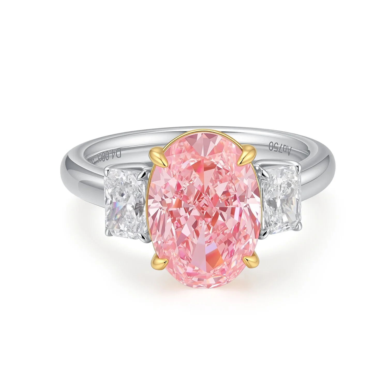 Bague ovale rose 4,08 ct en or blanc/rose 18 carats, sertie de quatre griffes, trois pierres, pureté VS1, taille US 6,75, référence S001F91 1