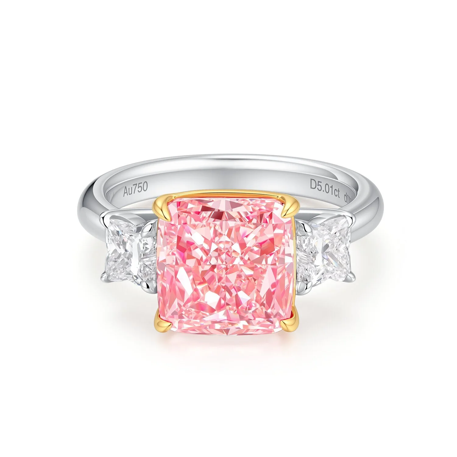 خاتم كلاسيكي بأربعة شوكات من الذهب الأبيض/الوردي عيار 18 قيراطًا، خاتم من الذهب الوردي عيار 5.01 قيراط، خاتم بثلاثة أحجار، نقاء VS2، مقاس US6، S001F93 1