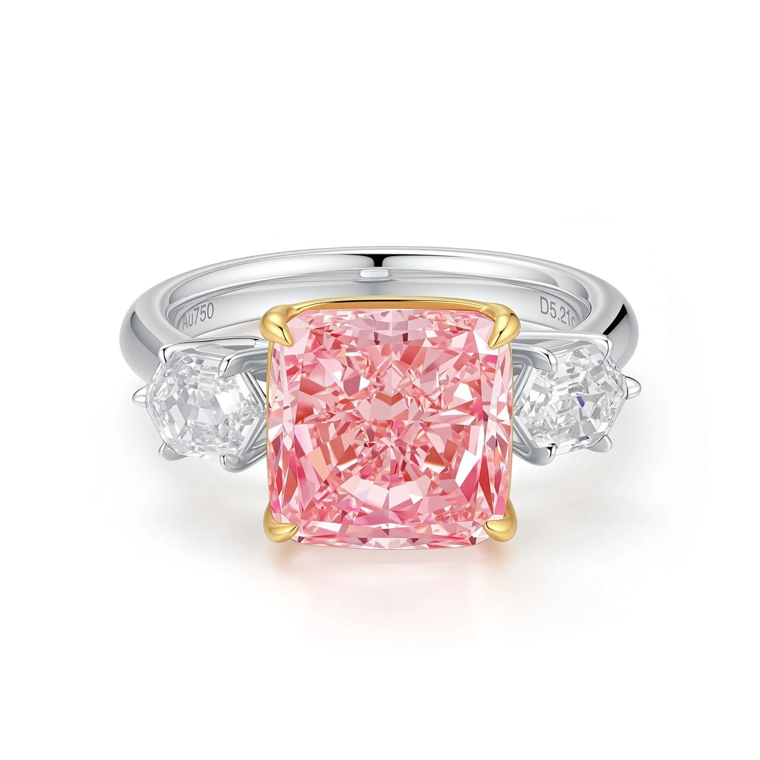 Bague classique à trois pierres en or blanc/rose 18 carats, diamant rose coussin de 5,21 carats, serti 4 griffes, pureté VS2, taille US6, référence S001F95 1