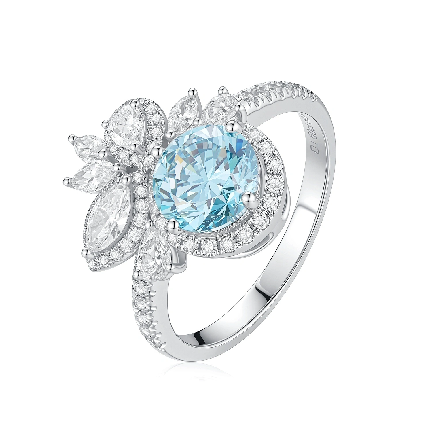 Floral-Inspired Half-Shank Round-Shaped VS Clarity Blue Lab-Grown Diamond Main Stone 1.5ct Set In White Gold Ring Size US 6 ZKCZ118 1