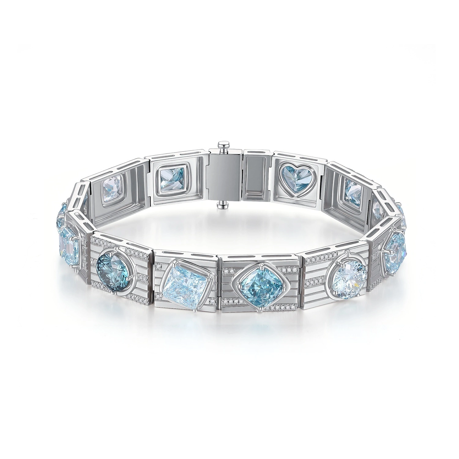Platinum Multi-Shape Cultured Diamond Bracelet with Asscher, Princess, Cushion, Heart & Round Cuts Length 17.5cm ZKCZ238 1