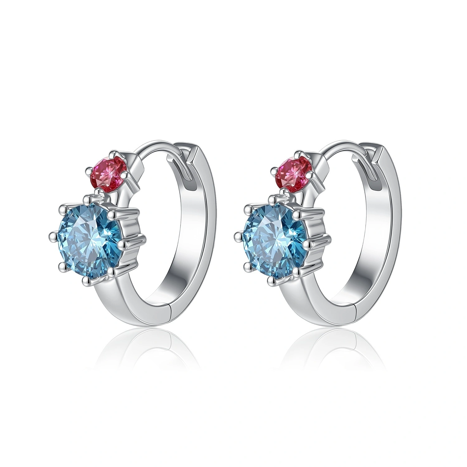 White Gold Lab-Grown Blue Round-Shaped VS Clarity Diamond Main Stones:0.77ct/2 Pieces With Red Side Stones Earrings ZKLZ001 1