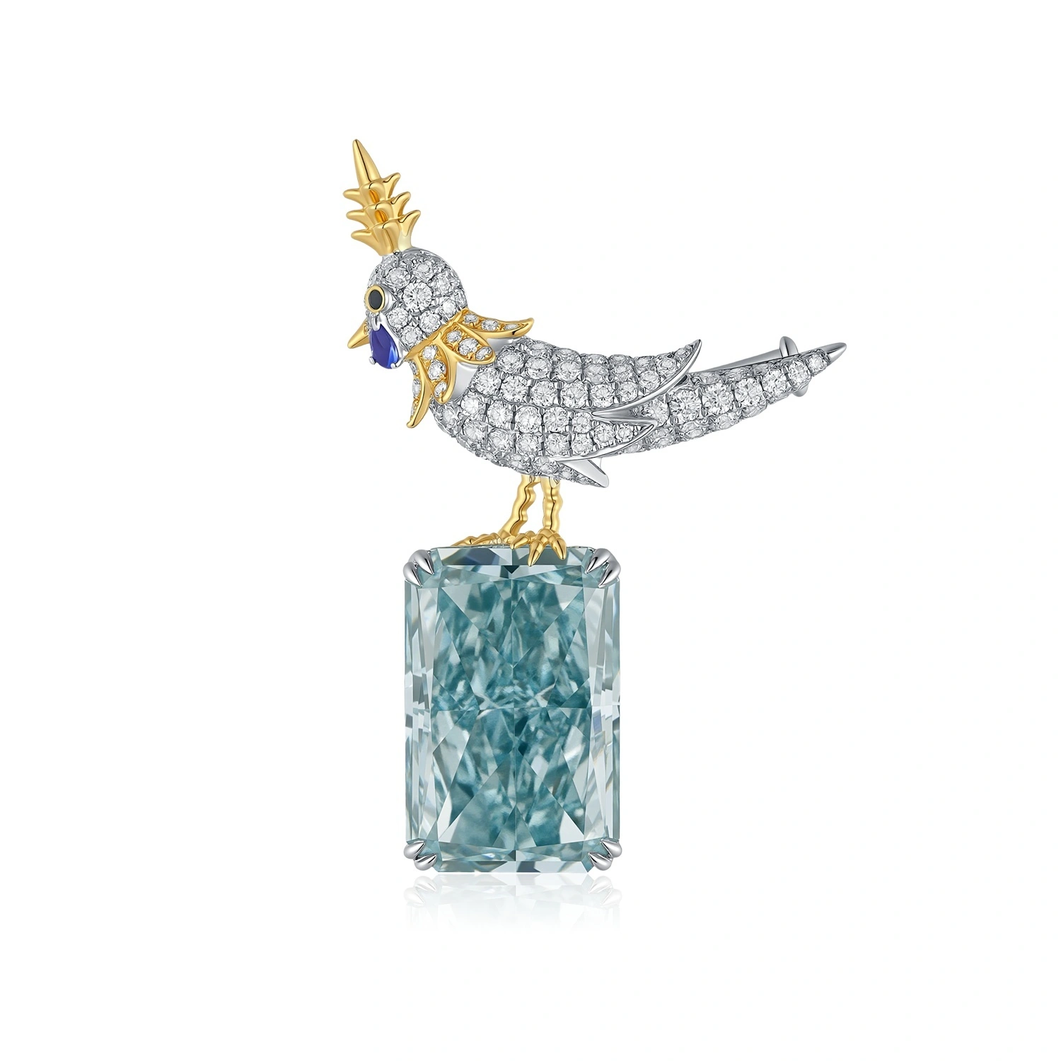 Blue Radiant Cut Lab-Grown Diamond Bird Brooch – Elegant Two-Tone Gold with Sapphire Accents ZKLZ018 1