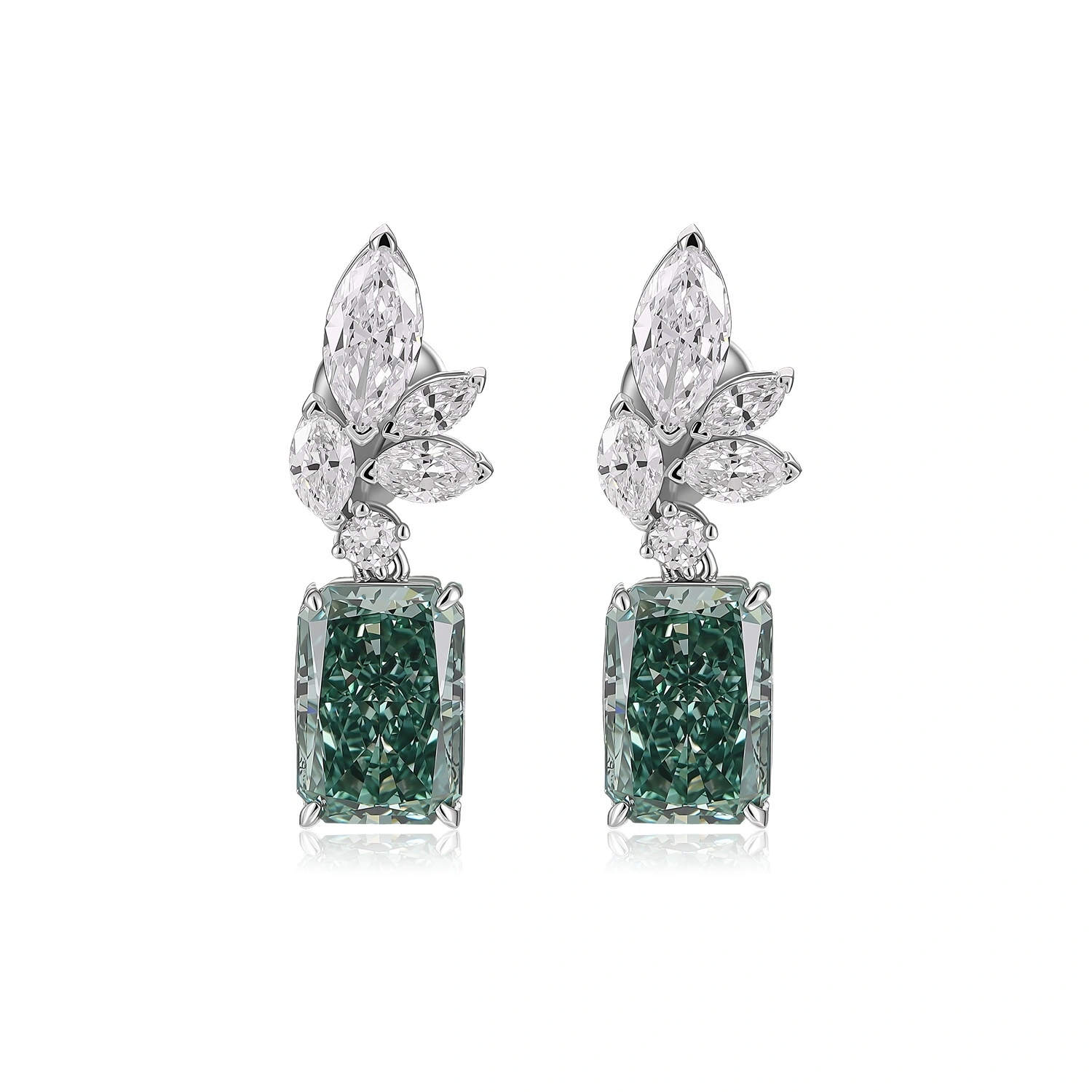 Elegant White Gold Dangle Earrings Featuring Central Green Radiant - Cut Lab Diamonds with Diamond Foliage Details ZKLZ019 1