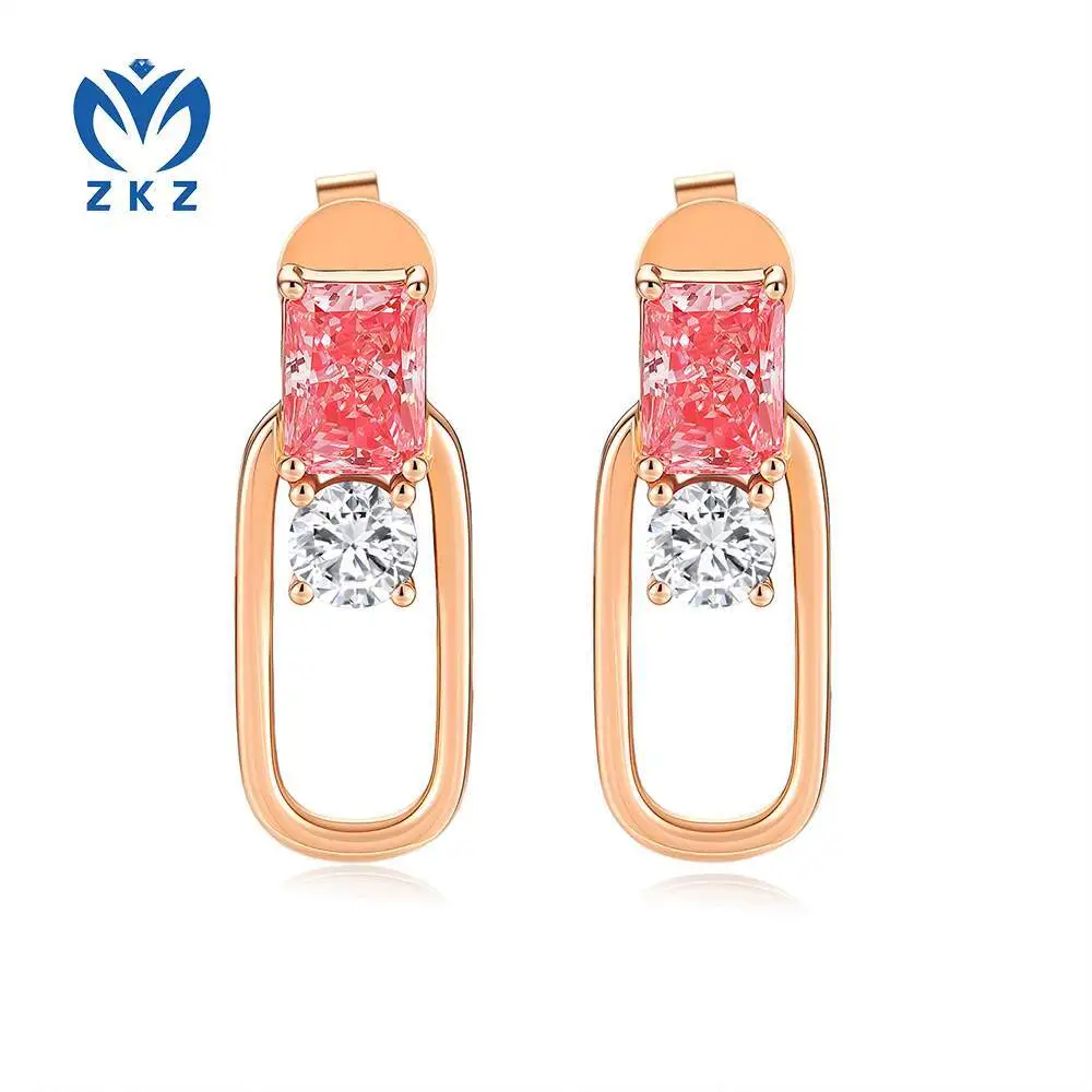 0.99ct VS18K rose gold Radient-cut cultivated pink diamond pendant ear ring with loop chain link design and round secondary stones for women's jewelry ZKFZ070 1