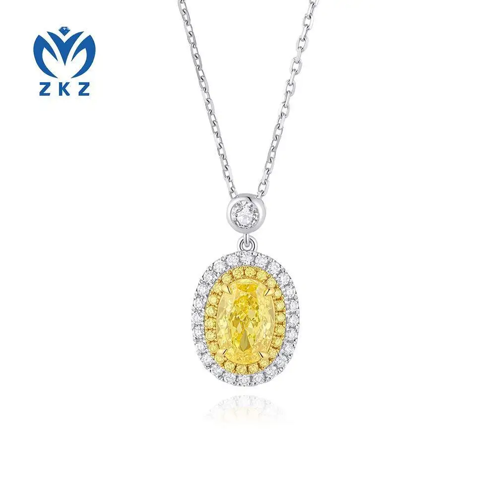 1-carat VS clarity platinum 950 oval cultivated yellow diamond pendant necklace - double-layer yellow and white diamond set necklace ZKHZ009 1