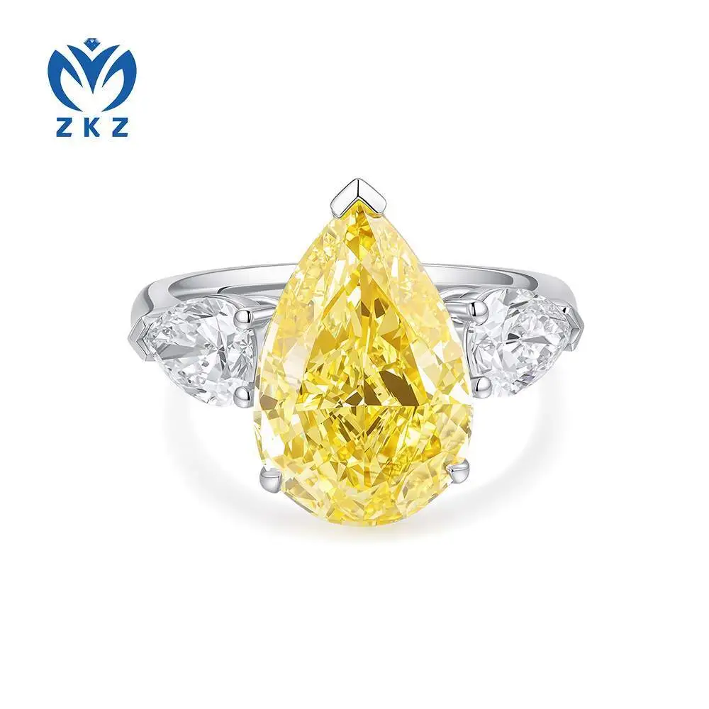 Anillo de compromiso con triple diamante cultivado amarillo intenso talla pera de platino de 18 quilates con diamantes blancos laterales, certificado por IGI, 6,3 ct VS2, US6.75 ZKHZ02 1