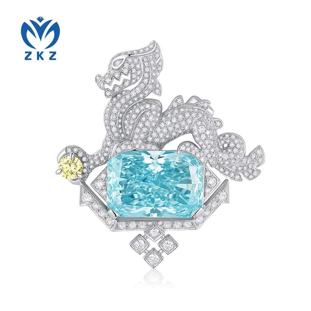 PT950 platinum laboratory-grown blue diamond vivid color diamond VS2 dragon-shaped brooch with Radient main stone, complemented by white diamonds and yellow diamonds as accents ZKLZ023 1