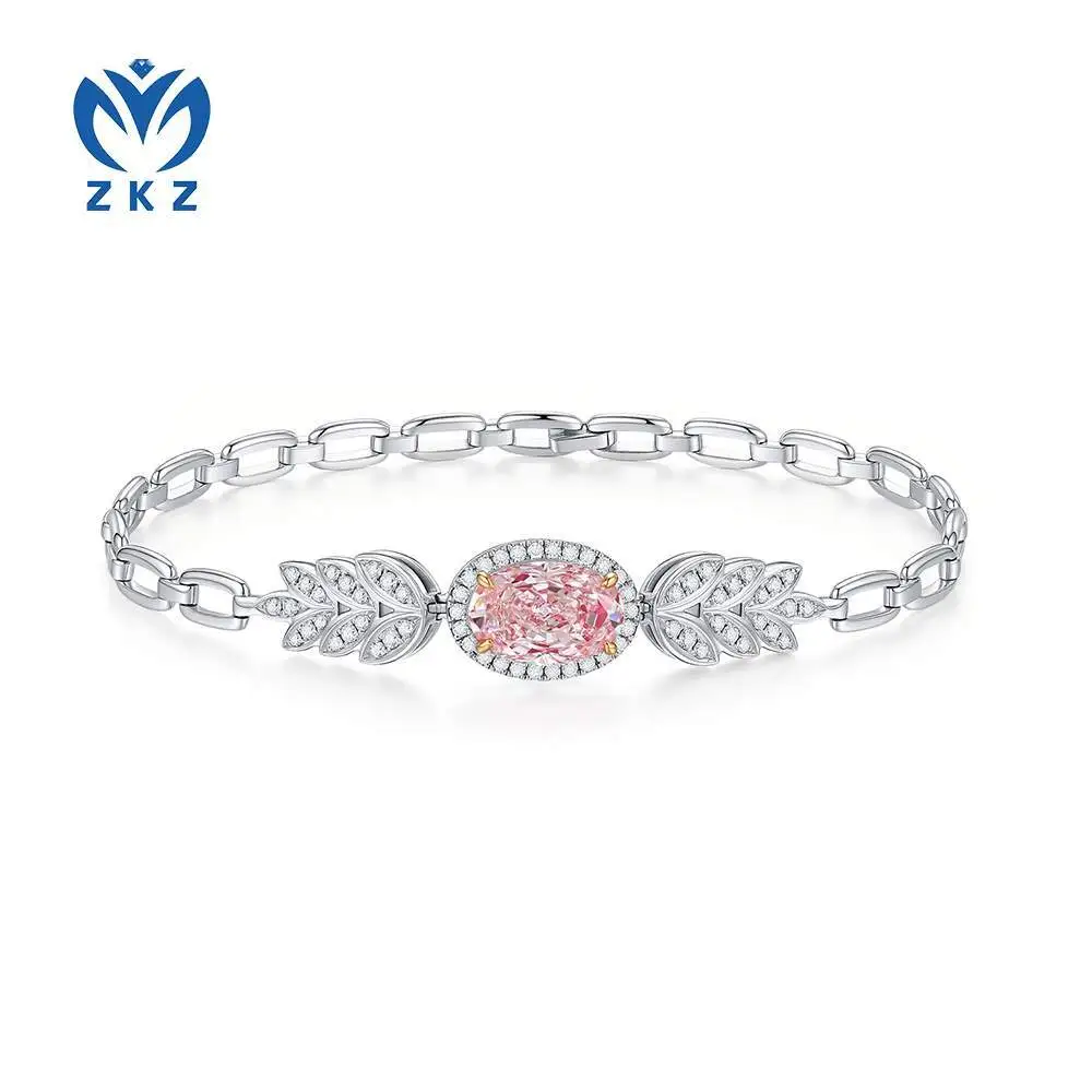 Laboratory-grown pink diamond oval diamond 2.72 carats, VS1 clarity, set in leaf-shaped bracelet. 18K white gold luxury colored diamond chain. Terms:ZSL1F05 1