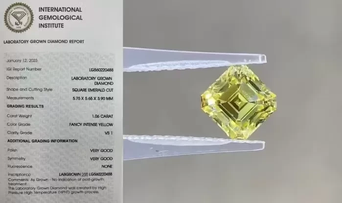 ألماس أصفر صناعي مصنع في المختبر، وزنه 1 قيراط، قطع آشر، درجة نقاء VS1 1