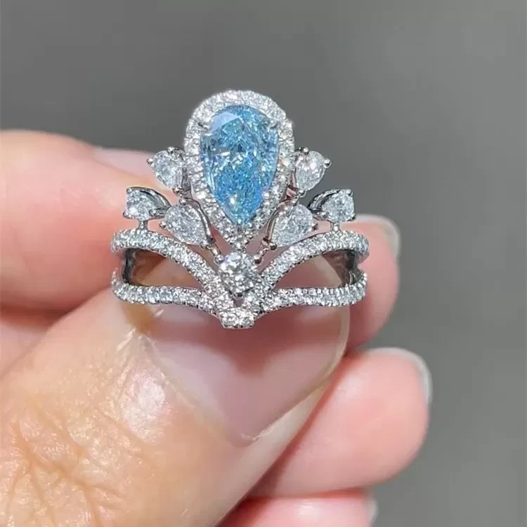 18k Gold Pear Shape Blue Lab Grown Diamond Ring For Engagement 1