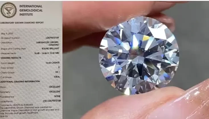 ألماس مختبري من IGI، وزنه 16.63 قيراط، VS1، دائري، لون E 1
