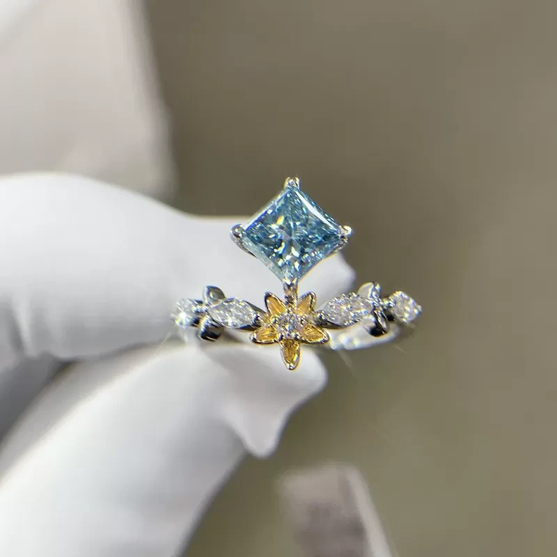 Fancy Color Lab Grown Synthetic Blue Diamond Princess Cut 1.1ct 18k White Gold Set Fashionable Ring 1