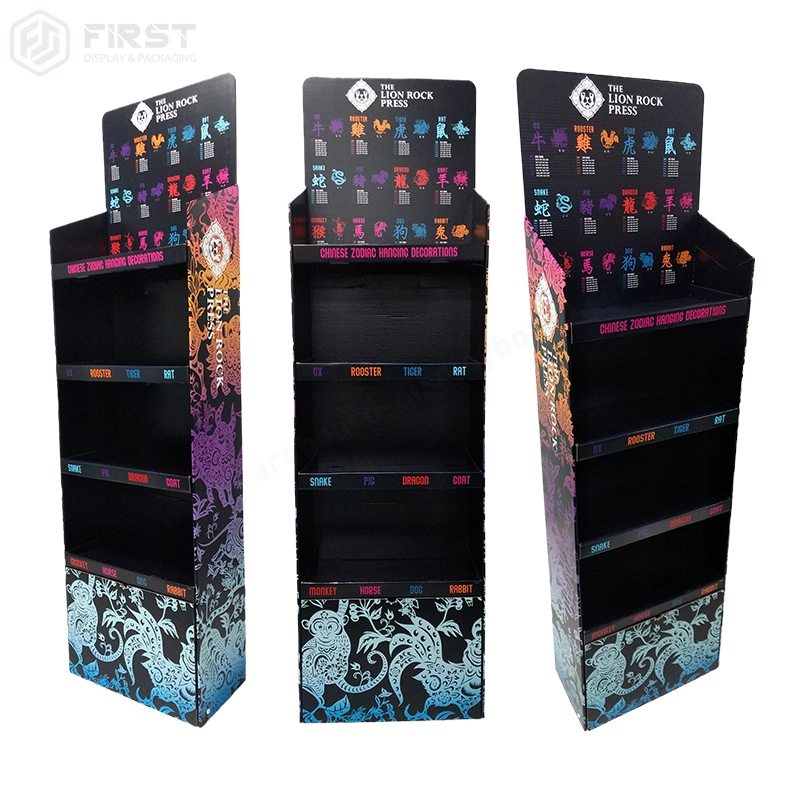 Custom-Printed 4-Tier Corrugated Cardboard Floor Display Stand with Logo Design and Storage Base 1