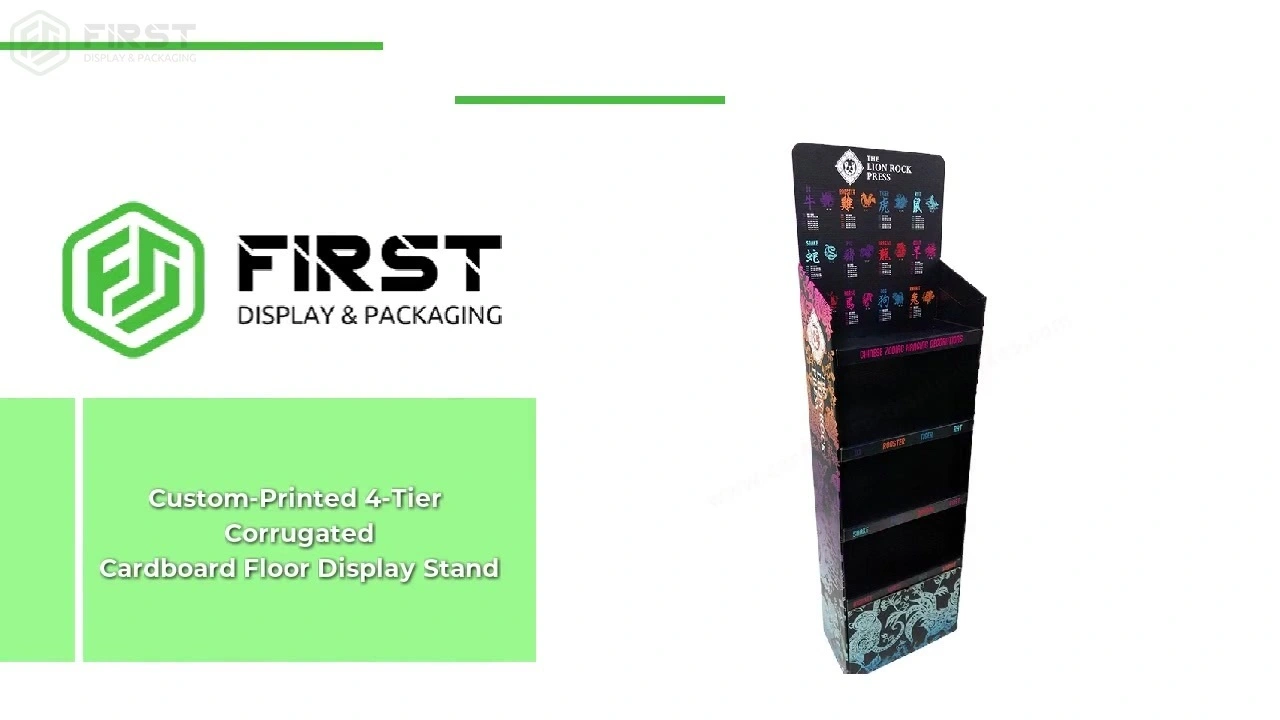 Custom-Printed 4-Tier Corrugated Cardboard Floor Display Stand with Logo Design and Storage Base 1