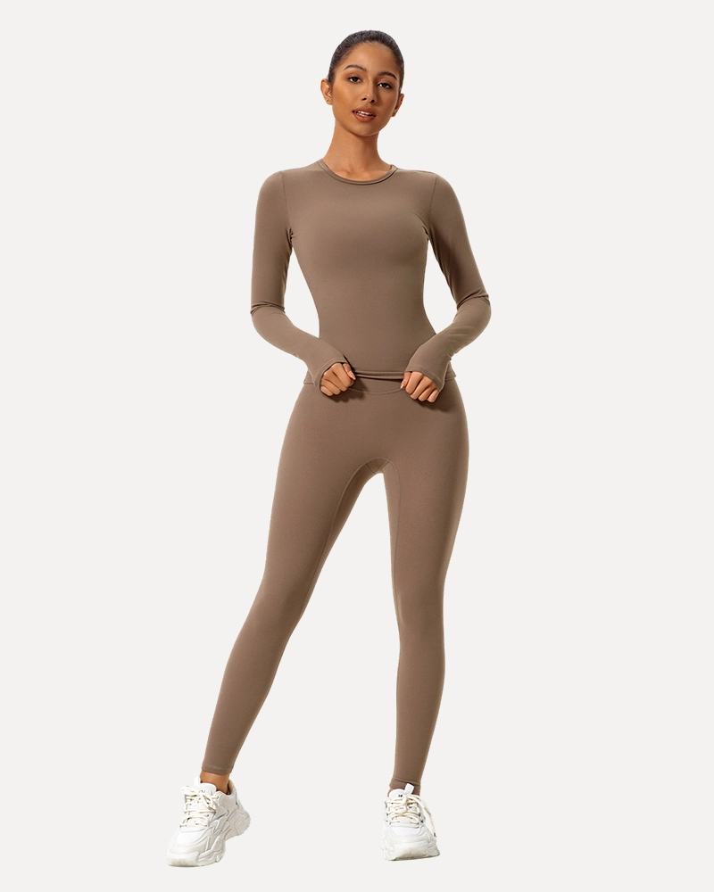 Women's Long-Sleeve Tight Yoga Set Dark Brown Fitness Activewear Custom OEM TZ8519-909 1