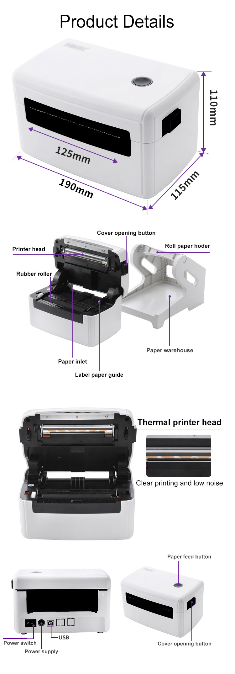 হট সেলিং হোইন HOP-H400 4 ইঞ্চি থার্মাল লেবেল প্রিন্টার ইউএসবি সহ 12
