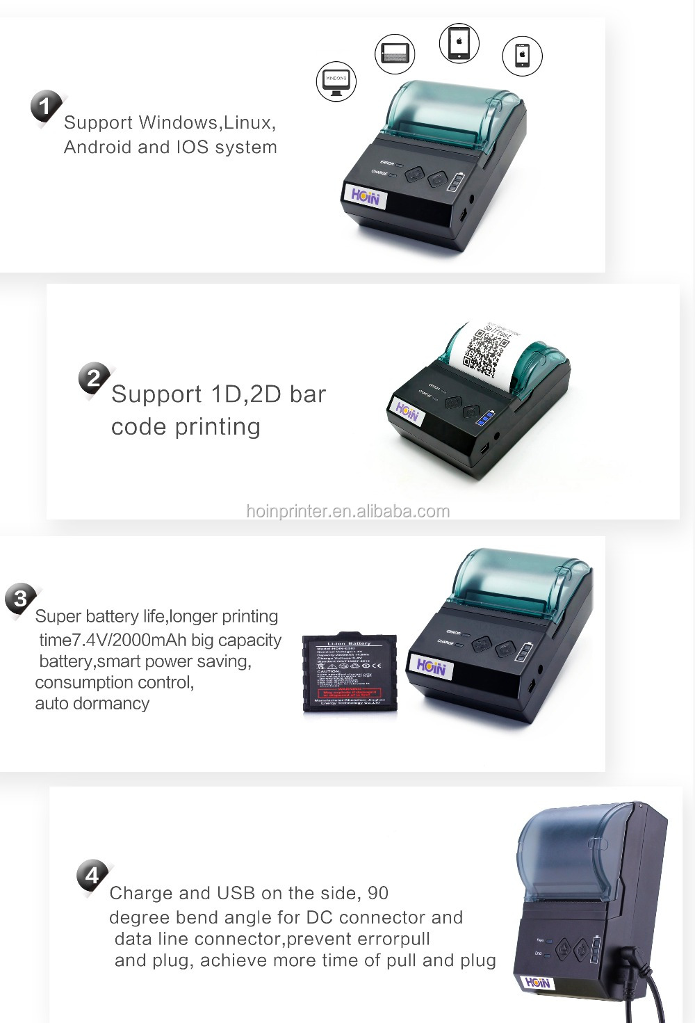 HOIN - কারখানা থেকে কোনও MOQ নেই, অ্যান্ড্রয়েডের জন্য 58 মিমি পোর্টেবল বিটি মিনি থার্মাল প্রিন্টার 58 মিমি পোর্টেবল থার্মাল প্রিন্টার 10