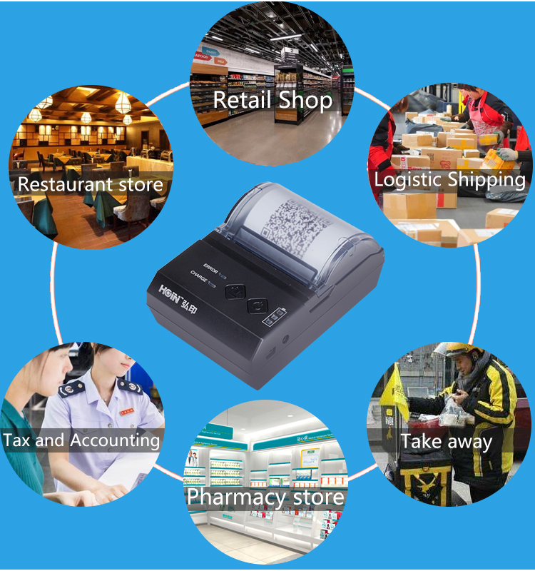 মিনি পোর্টেবল মোবাইল কারখানা POS লোগোর জন্য সস্তা থার্মাল প্রিন্টার USB BT বড় ব্যাটারি 2000mAh 58mm